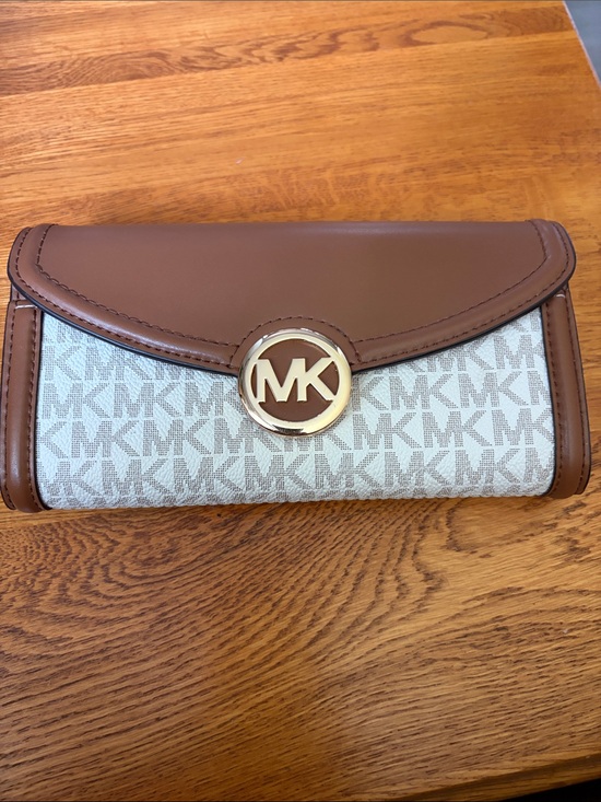 Michael Kors Handbags - Michael Kors Tan & Beige MK Logo Continental Wallet with Gold Accent